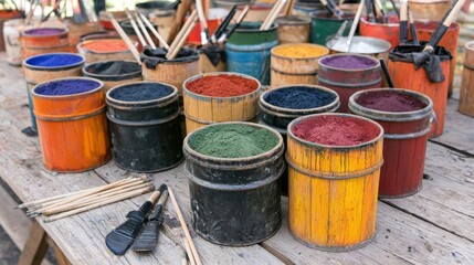 Naklejka premium Colorful table spread with paints and brushes ready for artistic creation in a creative environment