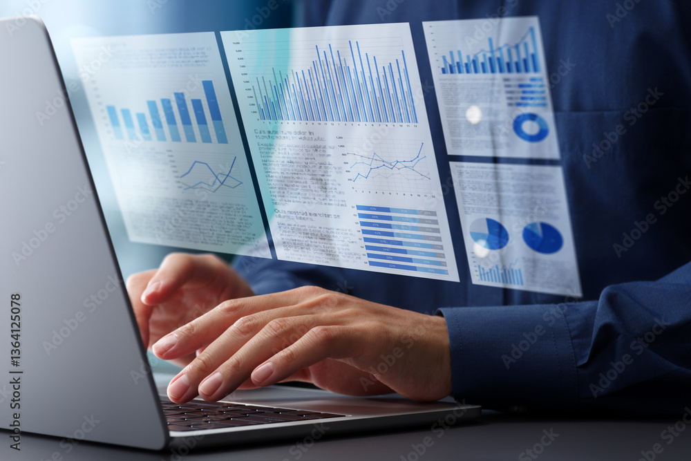 Poster Preparing report and document about finance or market. Reviewing and documentation. Hands typing on laptop computer keyboard. Businessman working at desk in office.
