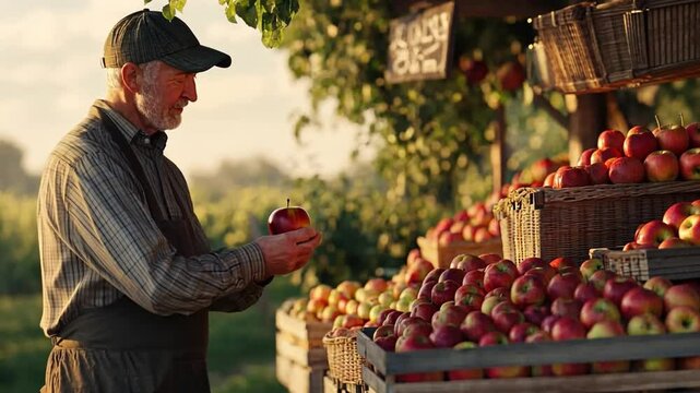 Farmer's Harvest: An elder farmer, deeply engrossed, meticulously inspects a vibrant red apple in the golden embrace of the setting sun, alongside a bounty of fresh produce in the open-air market.