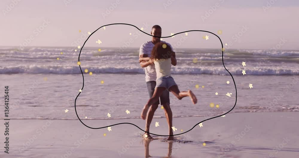 Poster man spinning child on beach with playful animation of stars and shapes