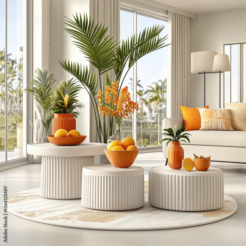 Poster inviting living room with a comfortable couch and a stylish table creating a relaxing atmosphere