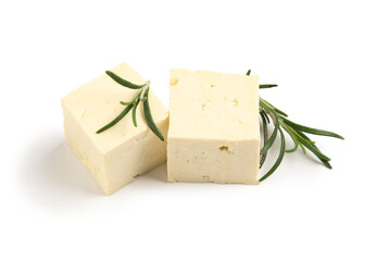 Cut tofu cheese isolated on white background, closeup