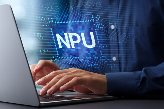 NPU neural processing unit and edge AI. Artificial intelligence chips and electric circuit. Man using laptop computer.