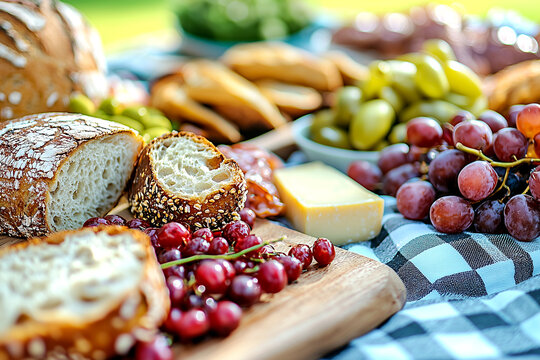 Table with a variety of food items including bread, cheese, grapes, and crackers. The tablecloth is checkered and the food is arranged in a way that makes it look inviting and appetizing