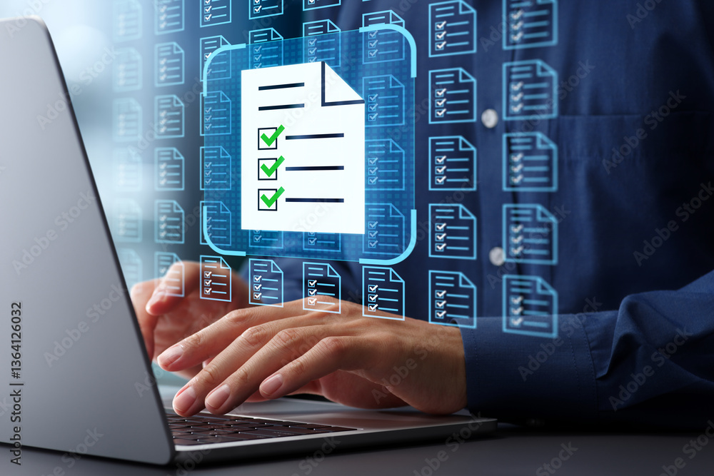 Aufkleber Legal documents management and storage. Technology of collection and searching system. Many file icons and checkmark. Businessman typing on laptop computer keyboard at desk in office.