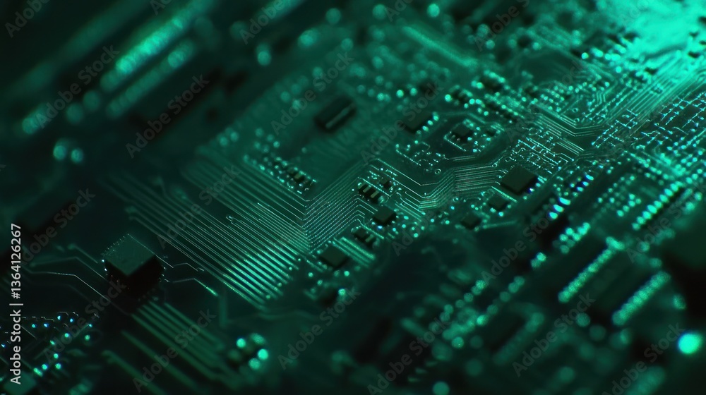 Poster a close-up of a green circuit board with intricate details and lines