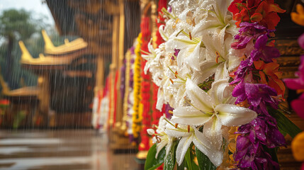 Vibrant water droplets and floral garlands capture the joy of a traditional water festival.