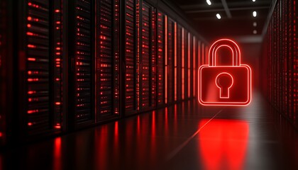 Red lit data center with a large glowing padlock symbol