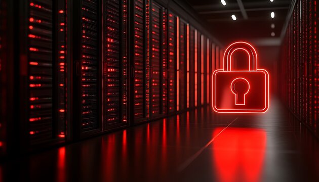 Red lit data center with a large glowing padlock symbol
