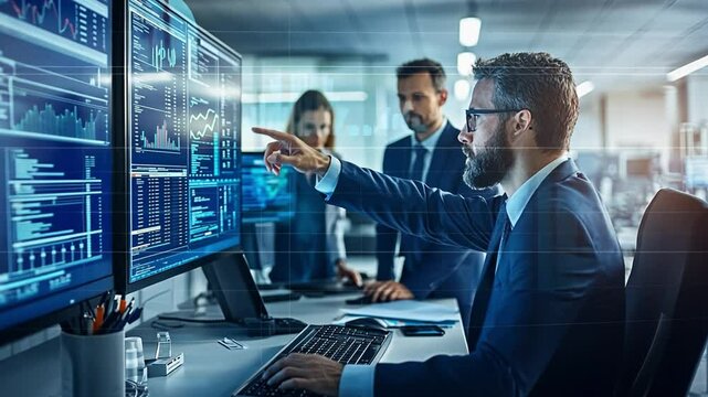 Tech Titans: A team of business professionals engaged in analyzing stock charts on high-tech monitors, a scene of collaboration, showcasing the cutting-edge technology. 