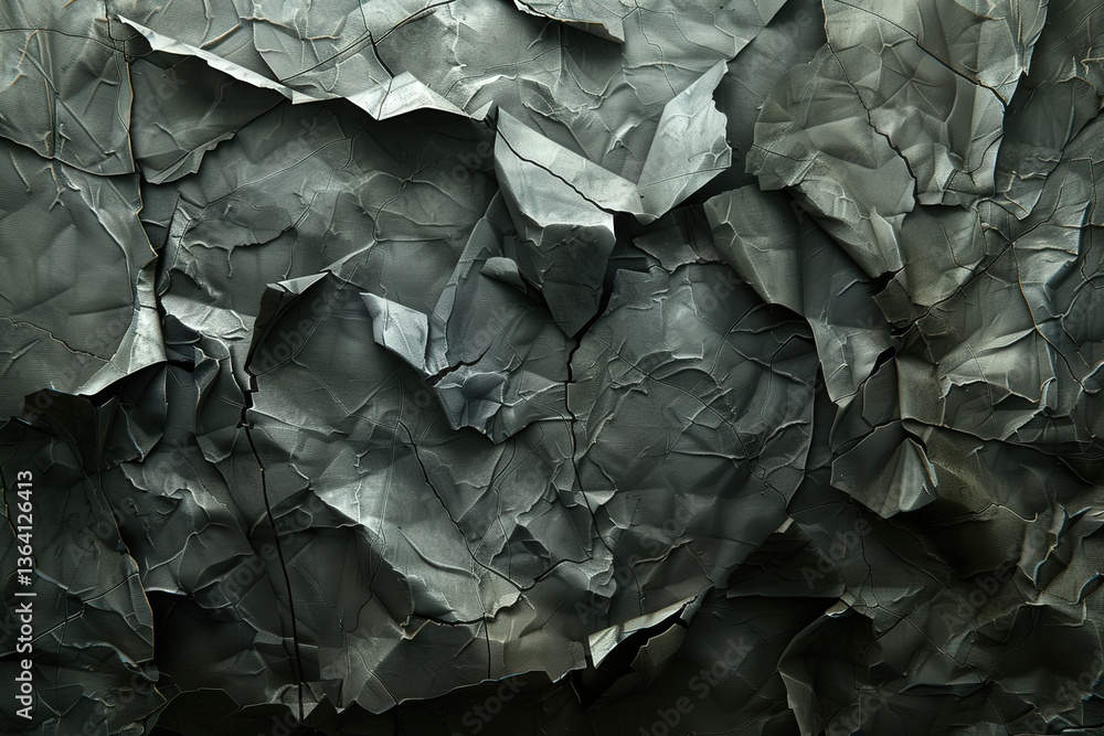 Poster a textured close-up of crumpled, dark green paper, showcasing intricate folds and shadows that creat