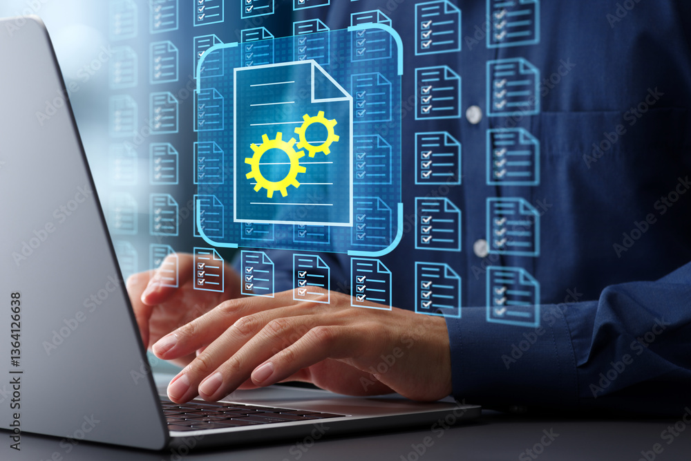 Poster Legal document automation and business process automation BPA. Document automation solutions. Businessman using laptop computer to automate document creation.