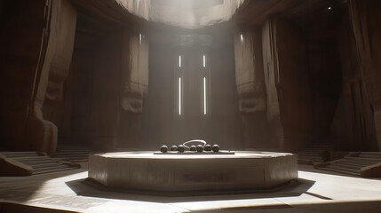 A monumental sandstone chamber reveals a sacred object below the light