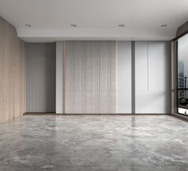 Modern empty luxury room interior design with gray tone and marble floor for urban apartment 3D rendering, blank space background room in light gray and window with city view.
