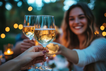 Two people toasting wine glasses with sparkle at a fancy event.