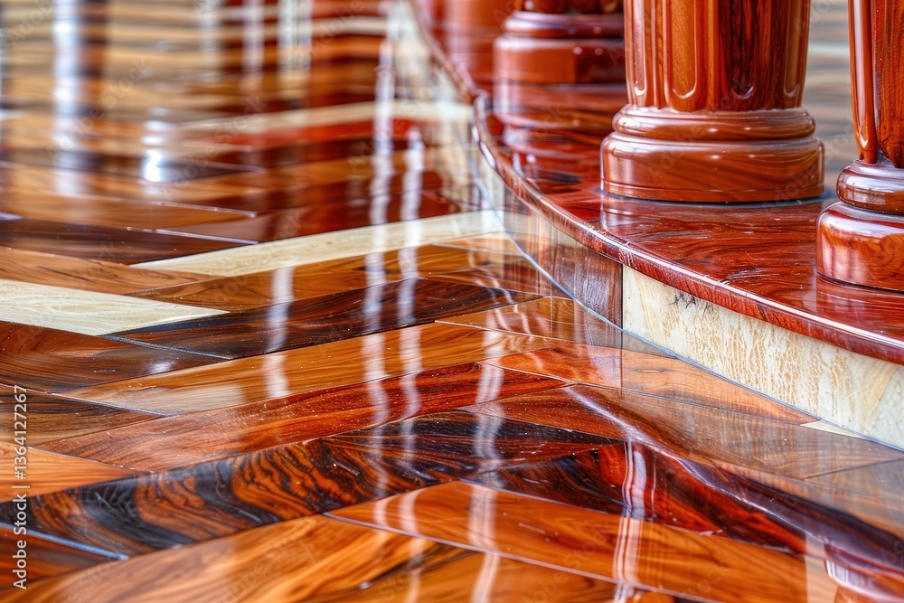 Poster a close-up view of a polished wooden floor featuring intricate patterns and reflections from surroun