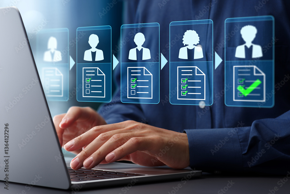 Aufkleber Approval workflow and business process management BPM. Document approval process and completion. Businessman using laptop computer to approve legal documents.