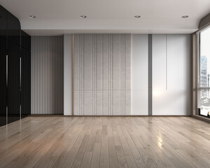 Modern empty luxury room interior design in gray tone and panoramic window with cityscape 3D rendering, blank space background room with wooden floor and gray pattern wall.