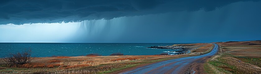 Fototapeta premium A dramatic landscape featuring dark storm clouds over a body of water, with a road leading to the shore and hints of rain in the distance.