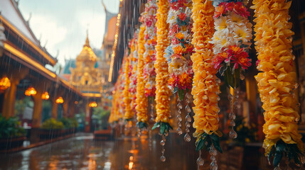 Obraz premium Vibrant water droplets and floral garlands capture the joy of a traditional water festival.