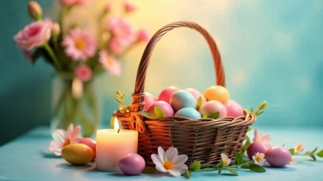 A festive easter background featuring a beautifully arranged basket filled with vibrant, colorful eggs, accompanied by a softly glowing candle