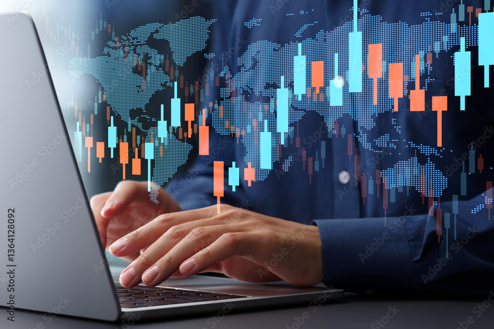 Aufkleber Stock market price charts and global market graphs. Financial trading data. Foreign exchange and commodities. Trader using a laptop computer to invest in various financial products.
