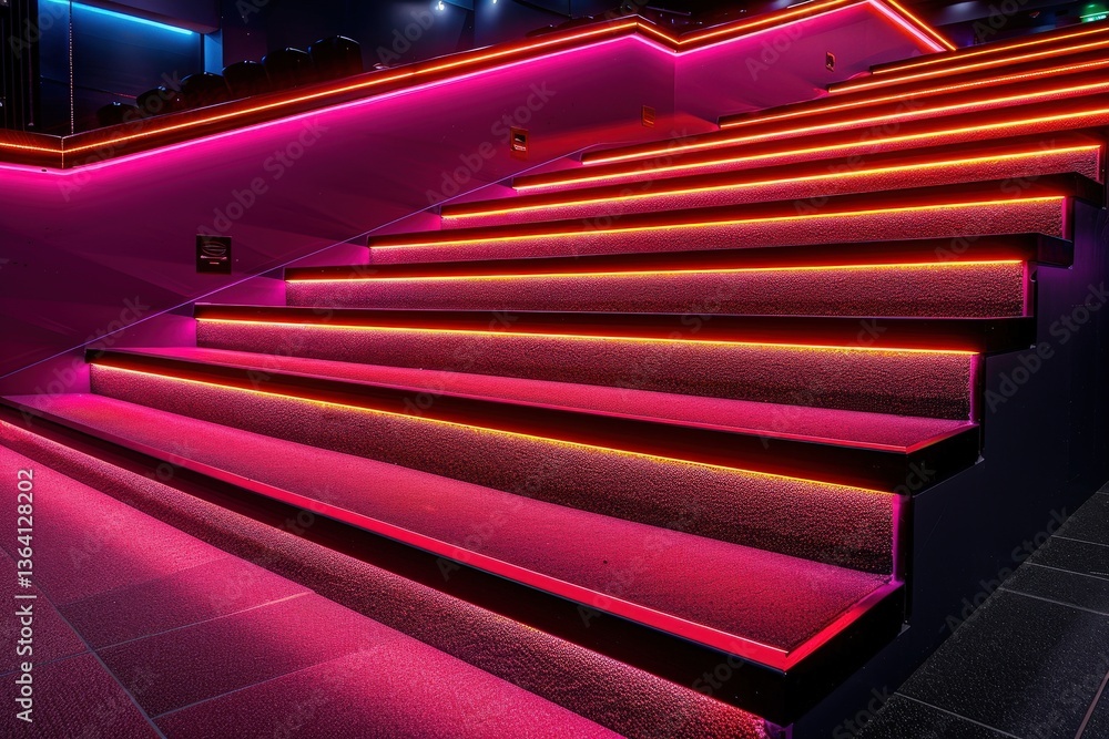 Poster a vibrant staircase illuminated with neon pink lights, creating a modern and dynamic atmosphere in a