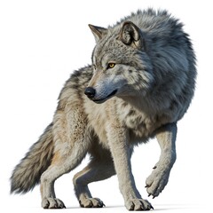 Obraz premium Large gray wolf walking isolated on white background, perfect for educational content, nature conservation awareness, and wildlife-inspired designs 