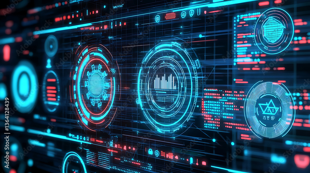 Poster analyzing digital data trends virtual environment infographic displays high-tech overview futuristic