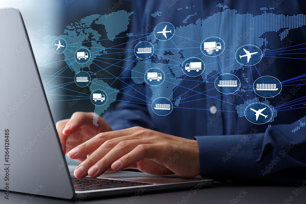 Aufkleber global supply chain and logistics management. intermodal transportation and distribution networks. b