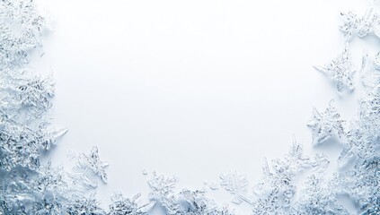 Fototapeta premium Frosty ice crystals frame. Delicate ice patterns adorn the edges of a pure white background. The ice crystals are intricate, exhibiting beautiful detail and a light gray-white hue