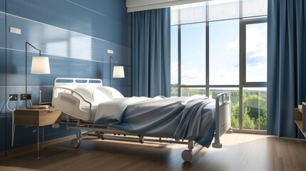 Comfortable hospital room with large window and bedside table. minimalist,