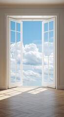 Fototapeta premium Bright morning light filters through open windows showcasing a clear blue sky with fluffy clouds in a serene indoor setting. wallpaper, an empty room with a large white french door open to a bright 