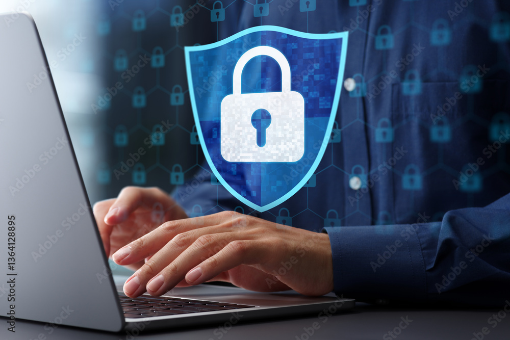 Poster Network security and data protection. Firewalls and intrusion prevention systems IPS. Cybersecurity engineer using laptop computer to develop security systems.