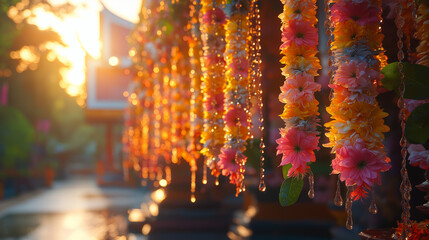 Fototapeta premium Vibrant water droplets and floral garlands capture the joy of a traditional water festival.
