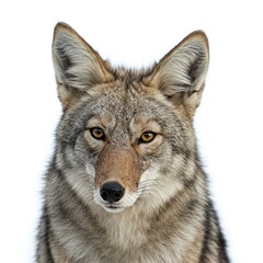 Obraz premium Coyote in stalking pose isolated on white background, high-quality wildlife stock image of a cunning North American predator 