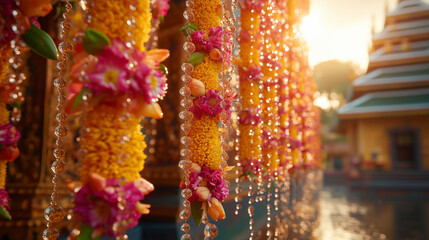 Naklejka premium Vibrant water droplets and floral garlands capture the joy of a traditional water festival.