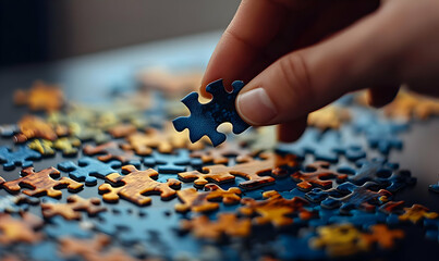 Hand Holding Puzzle Piece Over Colorful Jigsaw Puzzle Background
