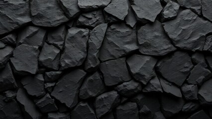 Black white rock texture. Close-up. Dark gray stone background for design. Crumbled, broken, ruined.