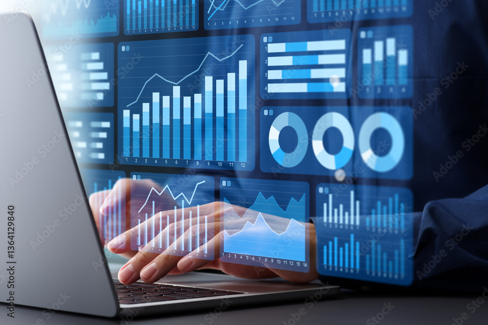 Poster Business statistic data and sales data analytics dashboard. Graphs and charts of web marketing analysis. Analyst using laptop computer to analyze data.