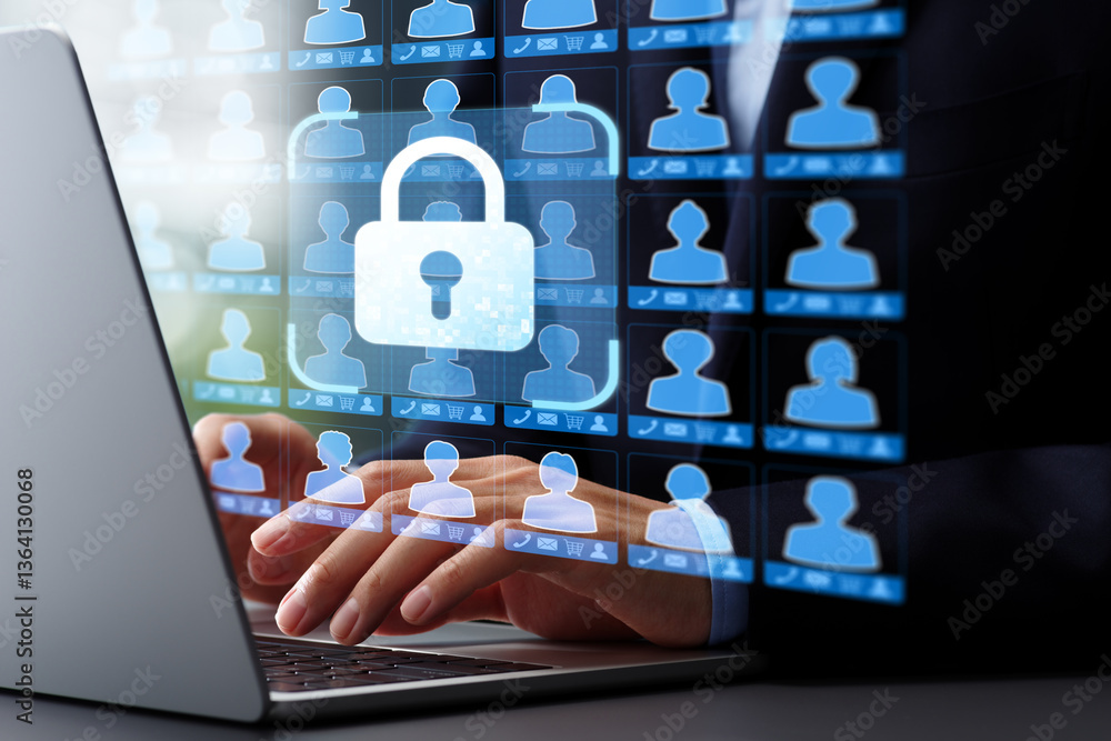 Poster Customer personal information and privacy data protection. Access control and secure encryption system. Businessman in suit typing on laptop computer keyboard at desk in office.