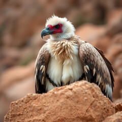 Fototapeta premium Lammergeier or Bearded Vulture, Gypaetus barbatus, detail portrait of rare mountain bird, sitting on the rock, animal in stone habitat, Morocco. Rare bird in the nature habitat.