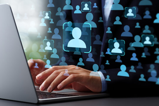 Customer big data analytics and marketing strategy. Target audience and market analysis. Analyst using laptop computer to analyze customer data.