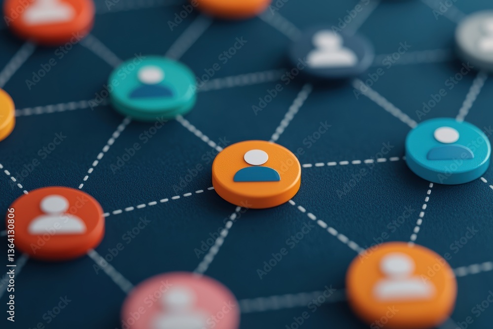 Poster colorful connection network with abstract user icons on a blue background representing collaboration