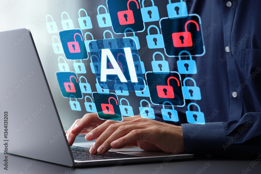 Poster AI-based automated security vulnerability scanning. Artificial intelligence-driven network monitoring and data protection. Security engineer using laptop computer to address security vulnerabilities.