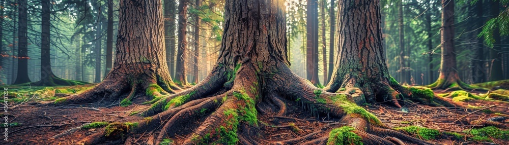 Poster a serene forest scene featuring large tree trunks and exposed roots, bathed in soft sunlight filteri