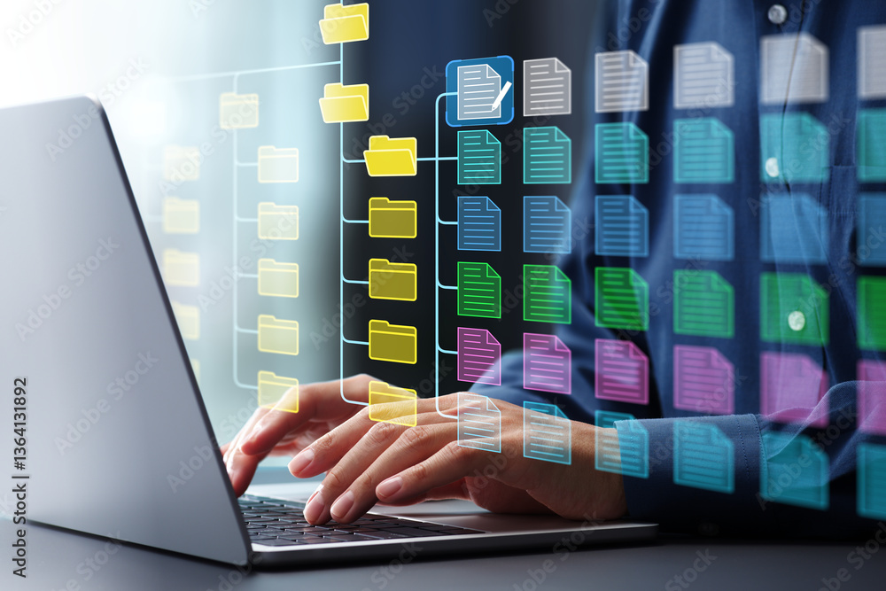 Fototapete Document management system DMS and version control.Folder structure and classification system. File and folder icons. Businessman using laptop computer.