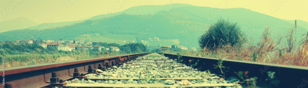 Poster a scenic view of railway tracks extending towards distant hills, surrounded by lush greenery and a t