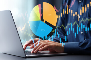 Investment portfolio diversification strategy. Risk management and asset allocation. Investor using laptop computer to manage stock investments.