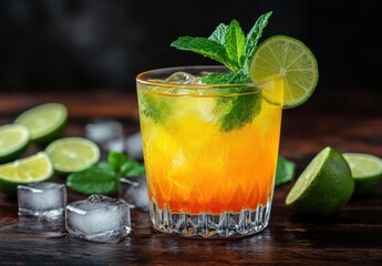 Fototapeta premium Vibrant Citrus Cocktail with Fresh Mint and Lime Slices in an Elegant Glass Surrounded by Ice and Lime Halves on a Dark Wooden Table